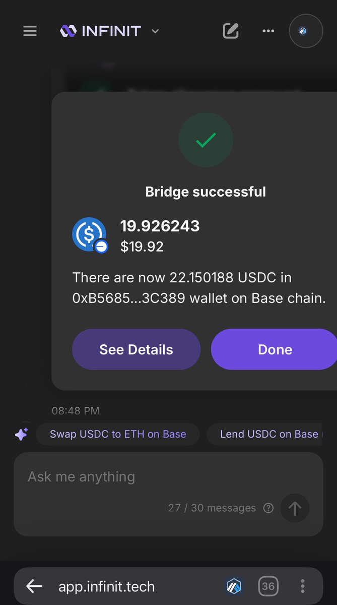 web3ammie's tweet image. Proof of interaction on @infinit_labs ✅
Just bridged 20 USDC from Arbitrum to Base using the Infinit platform and its very smooth and gas-efficient.
Infinit makes cross-chain execution feel native.
No clunky UX. No delays. Just seamless intent-driven bridging.
This is what…