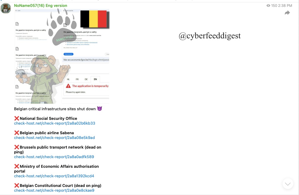 cyberfeeddigest's tweet image. ๐ง๐ช #NoName057 Launches #DDOS Barrage on #Belgium Gov & Public Services ๐ฅ
The pro-Russian group #NoName057 has allegedly targeted major #Belgian infrastructure with coordinated DDoS attacks:
โ National Social Security Office
๐โฆ