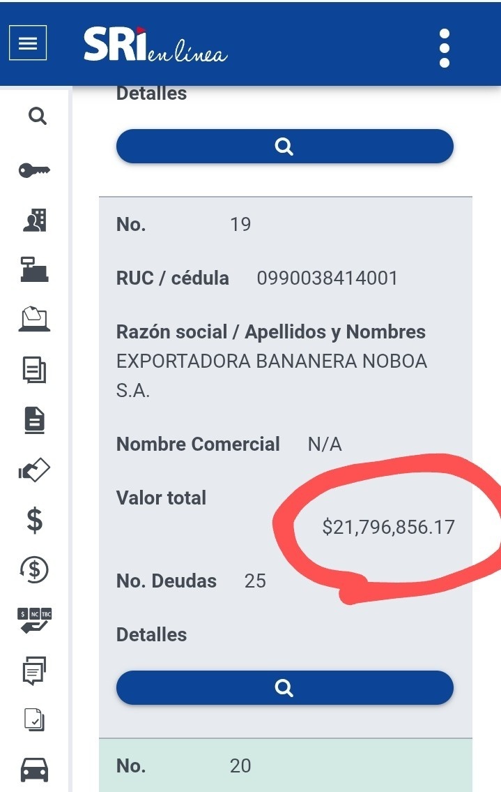 Hasta el viernes, la deuda de los Noboa era de más de 98 millones de dólares en impuestos. Hoy domingo la deuda de los Noboa amanece siendo solo de 21 millones de dólares en la página del SRI. Desaparecieron mágicamente 77 millones de dólares de su deuda en pleno feriado.