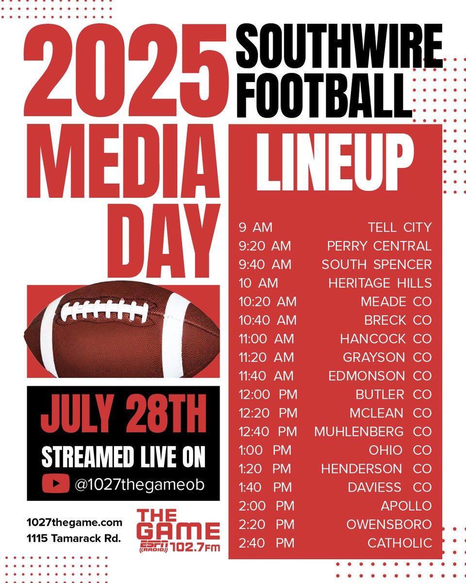 1027TheGame's tweet image. Join us Monday staring 9 am for @Southwire Football Media Day presented by @OwensboroHealth. All 18 schools in the ESPNOWENSBORO Area will be attending. Listen anywhere in 🌍 at
1027thegame.com/player/?player… or watch on youtube at 102m7TheGameob on youtube.