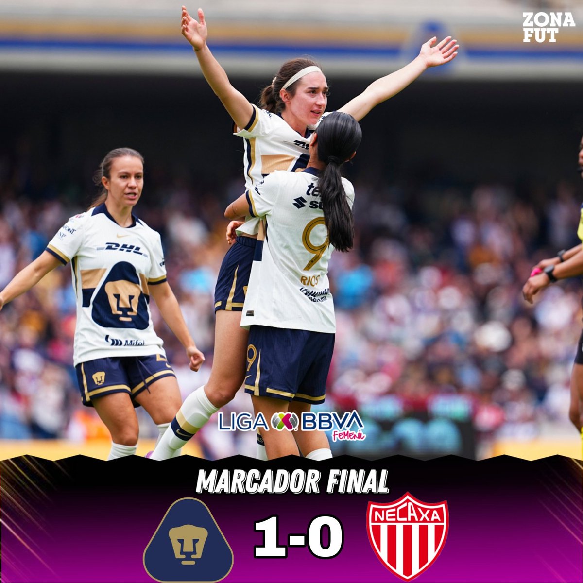 ZonaFUT1's tweet image. ¡VICTORIA FELINA!
#LigaFemenilMX | 😼 #UNAM 1-0 #NEC ⚡
@PumasMXFemenil gana en casa a @NecaxaFemenil por la jornada tres de la @LigaBBVAFemenil
Goles:
😼 Flores