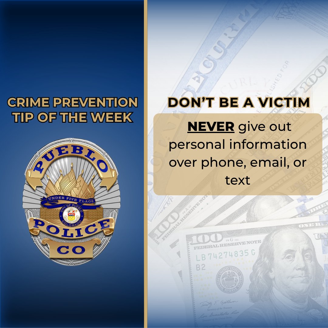 PuebloPolice1's tweet image. 🔒 Crime Prevention Tip: Scammers are getting smarter! If someone pressures you for personal info via phone, email, or text, take a moment to think. Legit orgs won’t ask for sensitive details!
⚠️ Trust your gut!
#PreventionIsProtection #CrimePrevention