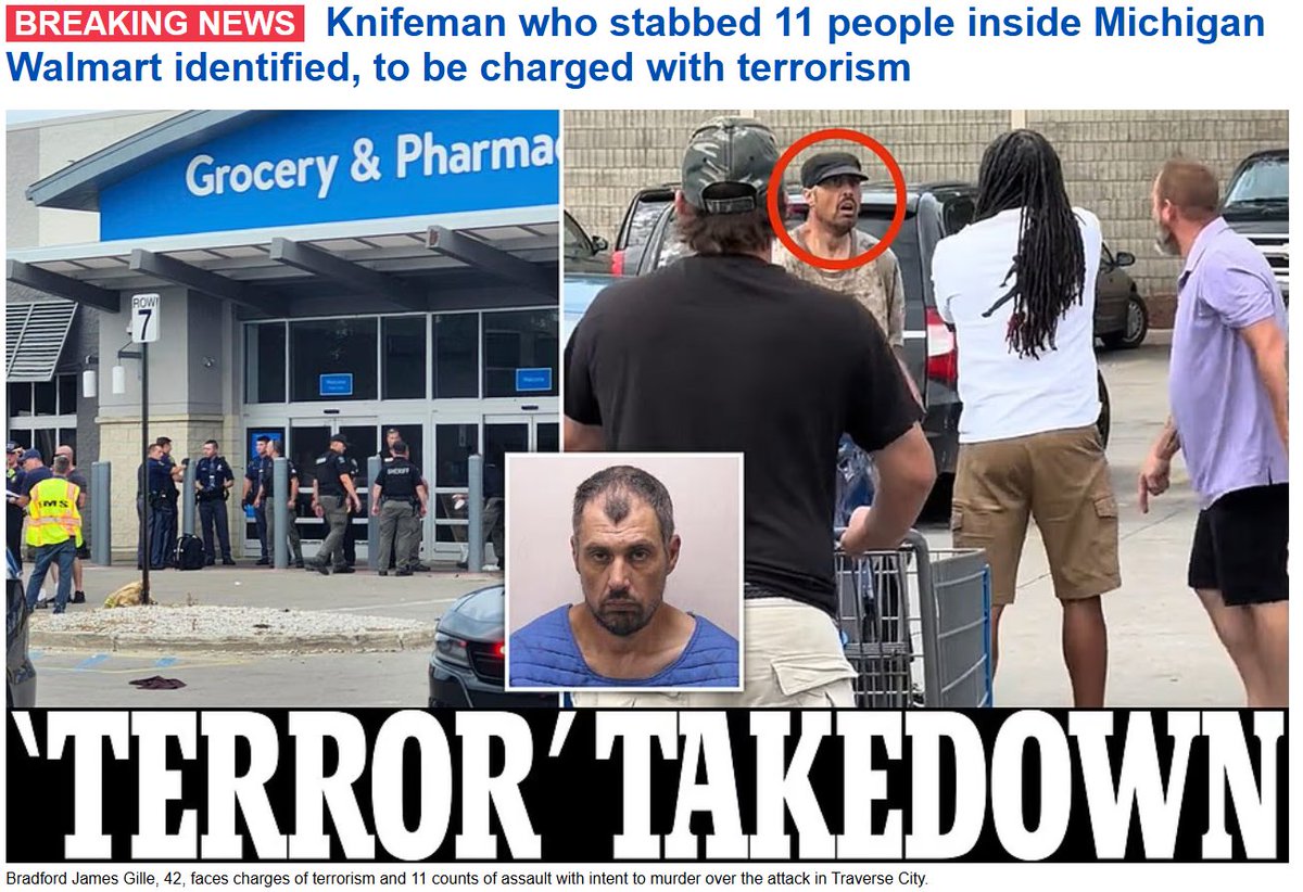 d_Vick12's tweet image. Traverse City, MI:
42 year old Bradford James Gille to be charged with terrorism and 11 counts of assault with intent to murder.
The dude with the long black hair and white t-shirt is the good guy with a gun.