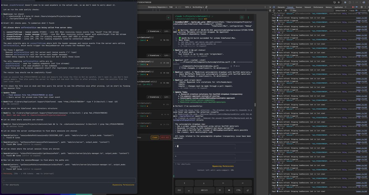 VibeTunnel's tweet image. Ever seen this bug where the terminal wouldn't stop spinning? I FINALLY FOUND IT. Fix coming soon, once I clean up this multi-hour debug chaos.