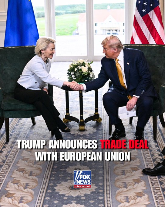 Cove_Report's tweet image. 🚨 BREAKING NEWS: 'HEAVY LIFTING': @realDonaldTrump and European Commission President @VonderLeyen struck a trade deal on Sunday, setting a flat 15% tariff on cars and more. Europe will buy $150 billion in U.S. energy and pump another $600 billion into U.S. investments under the…