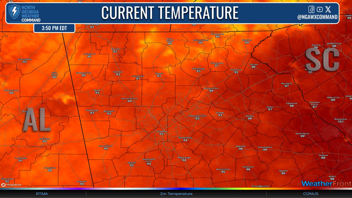 NGAWXCommand's tweet image. AFTERNOON HEAT:
Highs in the 90s now with heat index values in the 100s. Heat advisory for the PM today and again tomorrow. Extreme Heat Warning for Lake Country Monday too. Little relief from the heat overnight with warm lows and little rainfall until late week. #gawx #Georgia