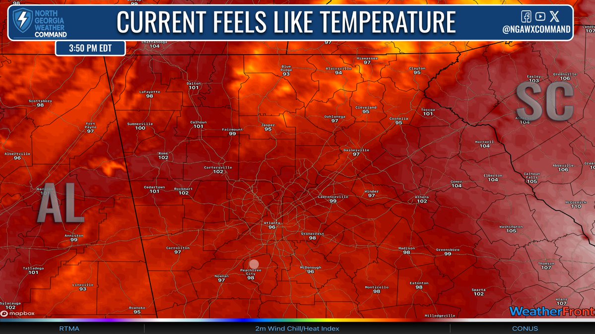 NGAWXCommand's tweet image. AFTERNOON HEAT:
Highs in the 90s now with heat index values in the 100s. Heat advisory for the PM today and again tomorrow. Extreme Heat Warning for Lake Country Monday too. Little relief from the heat overnight with warm lows and little rainfall until late week. #gawx #Georgia