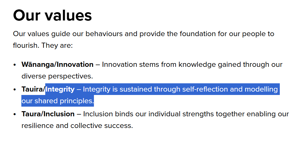MHReddell's tweet image. Not sure how anyone could think the Reserve Bank Board (Quigley) & mgmt have displayed anything like "integrity" in their obfuscation around, & cover up of, the circumstances around Orr's departure.
(but perhaps their "shared principles" are different from those of most people?)