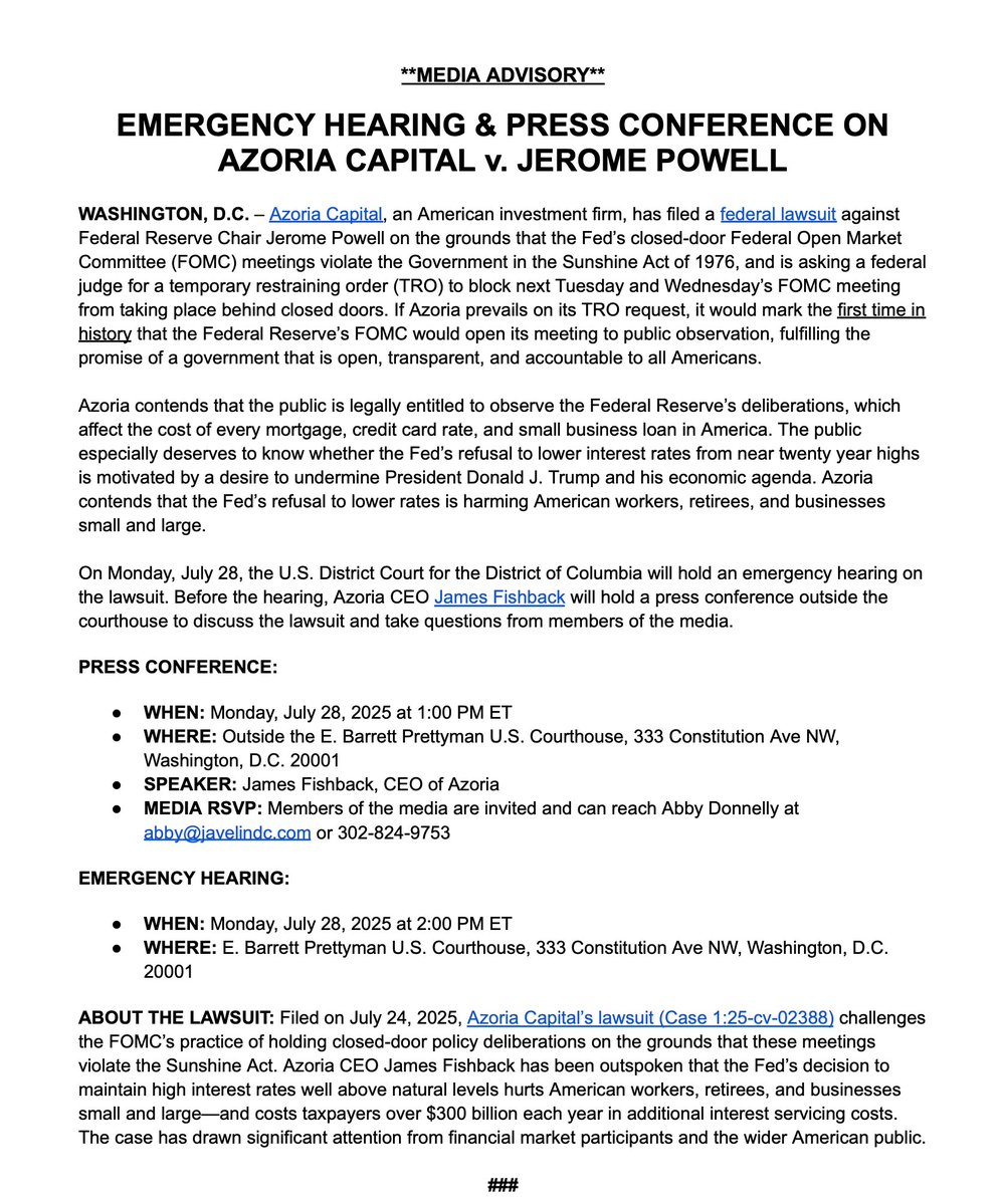 If you live near Washington DC, and care about the Federal Reserve’s actions, I hope you’ll join me tomorrow (Monday) at 2pm at the E. Barrett Prettyman U.S. Courthouse (Courtroom 26A)

It’s an emergency hearing to block Jerome Powell from holding this week’s Fed meeting behind