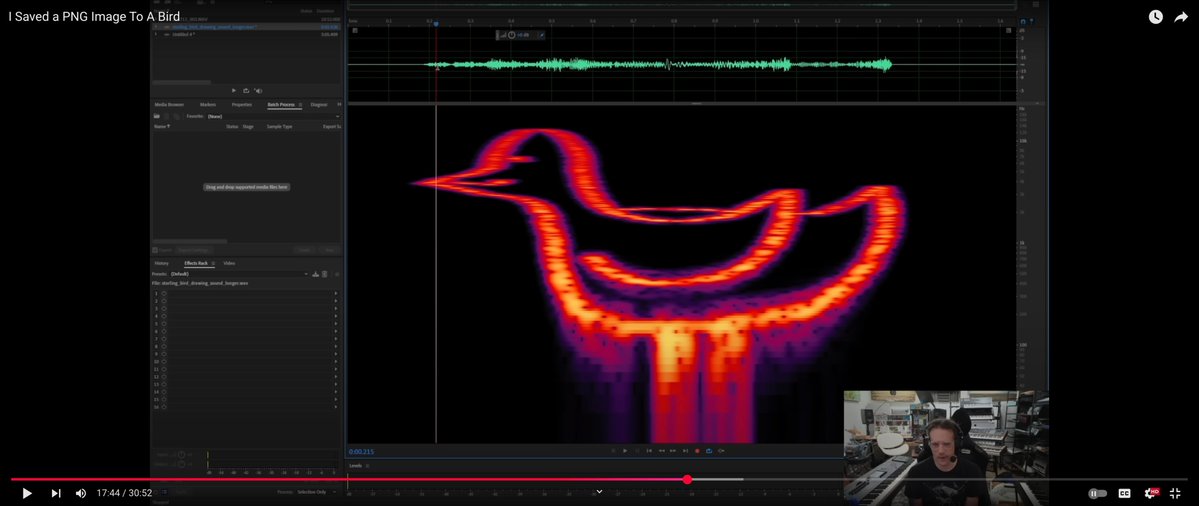 canalCCore2's tweet image. Essa é, sem dúvida, uma das ideias mais insanas que já vi: ele transformou o desenho de um pássaro em um espectrograma (ou seja, de PNG para onda sonora), reproduziu esse som para um passaro, e o pássaro cantou de volta conseguindo recriar o conteúdo do PNG.
Basicamente, usou o…