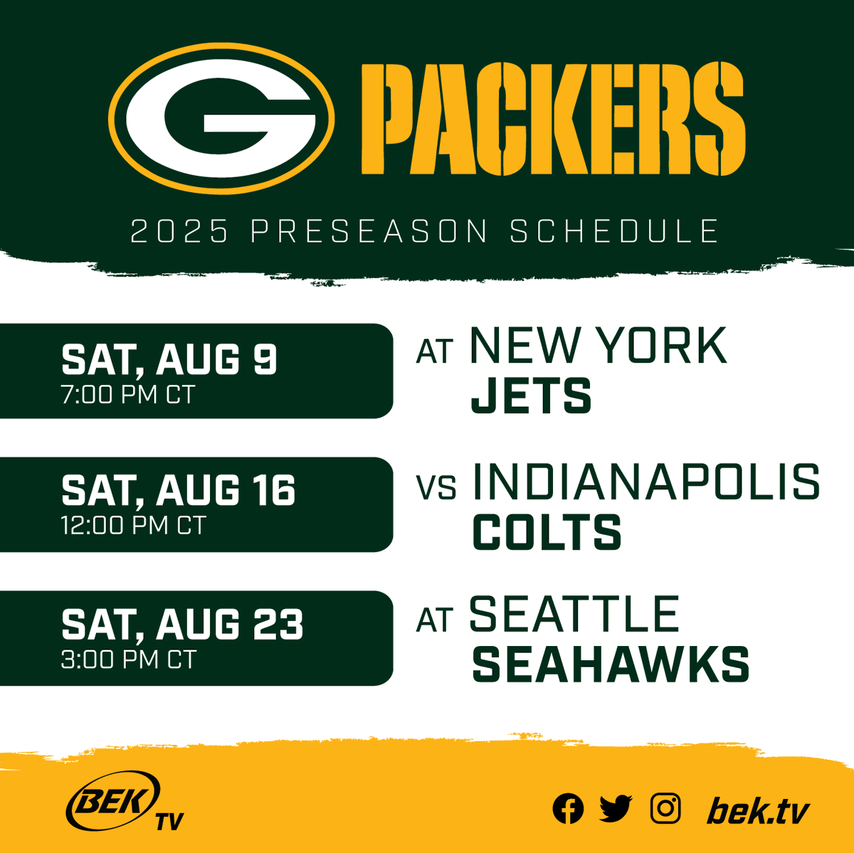 Get ready for kickoff — the Jets vs. Packers game airs Saturday, August 9 at 7 PM CT on BEK TV.
Preseason pride is on the line 🟢🟡

🎥 Watch here: bektv.plus/videos/2025_08…

#JetsVsPackers #BEKTV #NFLPreseason #GameOn