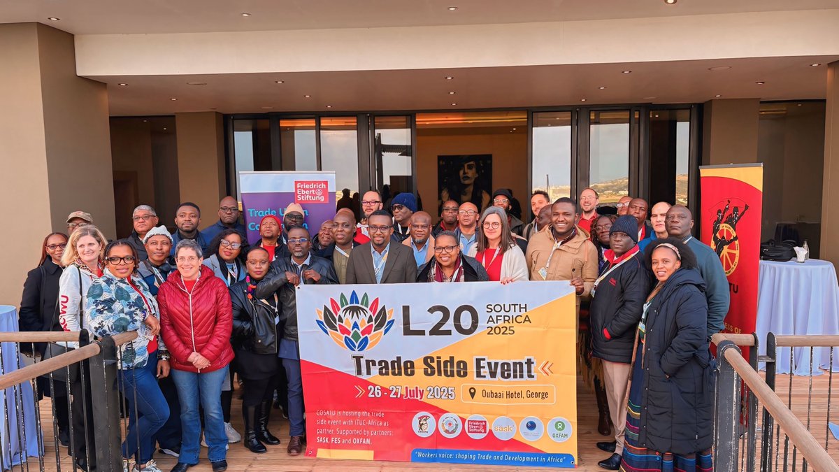 ALREI (@alrei_africa) on Twitter photo George, Western Cape | 26–27 July 2025
Ahead of the L20 Summit, African trade unions gathered with support from SASK, FES & Oxfam to strategize on the AfCFTA and Africa’s development agenda.
#AfCFTA
#L20
#FairTrade #AfricaRising
#SASK
#FES
#OXFAM
<a href="/AkhatorO/">Akhator Joel Odigie</a> <a href="/profhod/">Hod Anyigba</a> <a href="/Julehomevoh/">J. Etsri HOMEVOH</a> George, Western Cape | 26–27 July 2025
Ahead of the L20 Summit, African trade unions gathered with support from SASK, FES & Oxfam to strategize on the AfCFTA and Africa’s development agenda.
#AfCFTA
#L20
#FairTrade #AfricaRising
#SASK
#FES
#OXFAM
<a href="/AkhatorO/">Akhator Joel Odigie</a> <a href="/profhod/">Hod Anyigba</a> <a href="/Julehomevoh/">J. Etsri HOMEVOH</a>