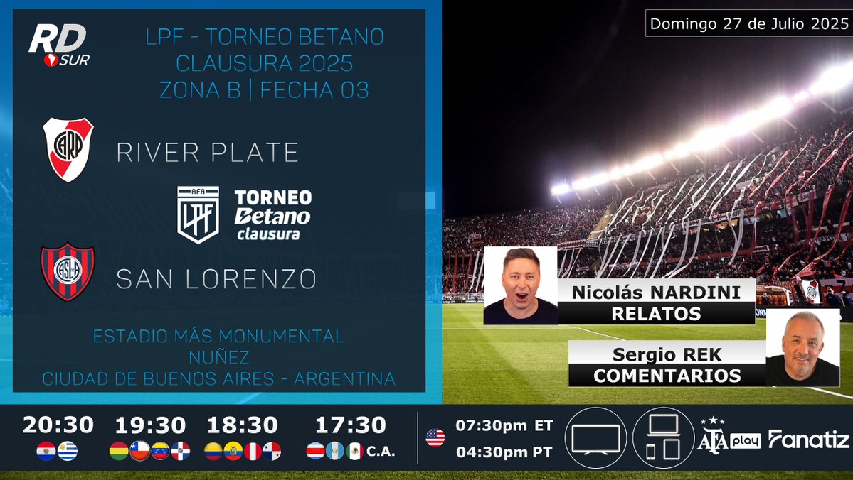 elpollo_ac29's tweet image. #LPF #TorneoBetanoClausura 2025 🇦🇷
#River vs #SanLorenzo
🎙️ Relatos: @NicolasNardini
🎙️ Comentarios: @SergioRek
📺💻📱 @afa_play by @Fanatiztv
#⃣ #SomosAFAPlay