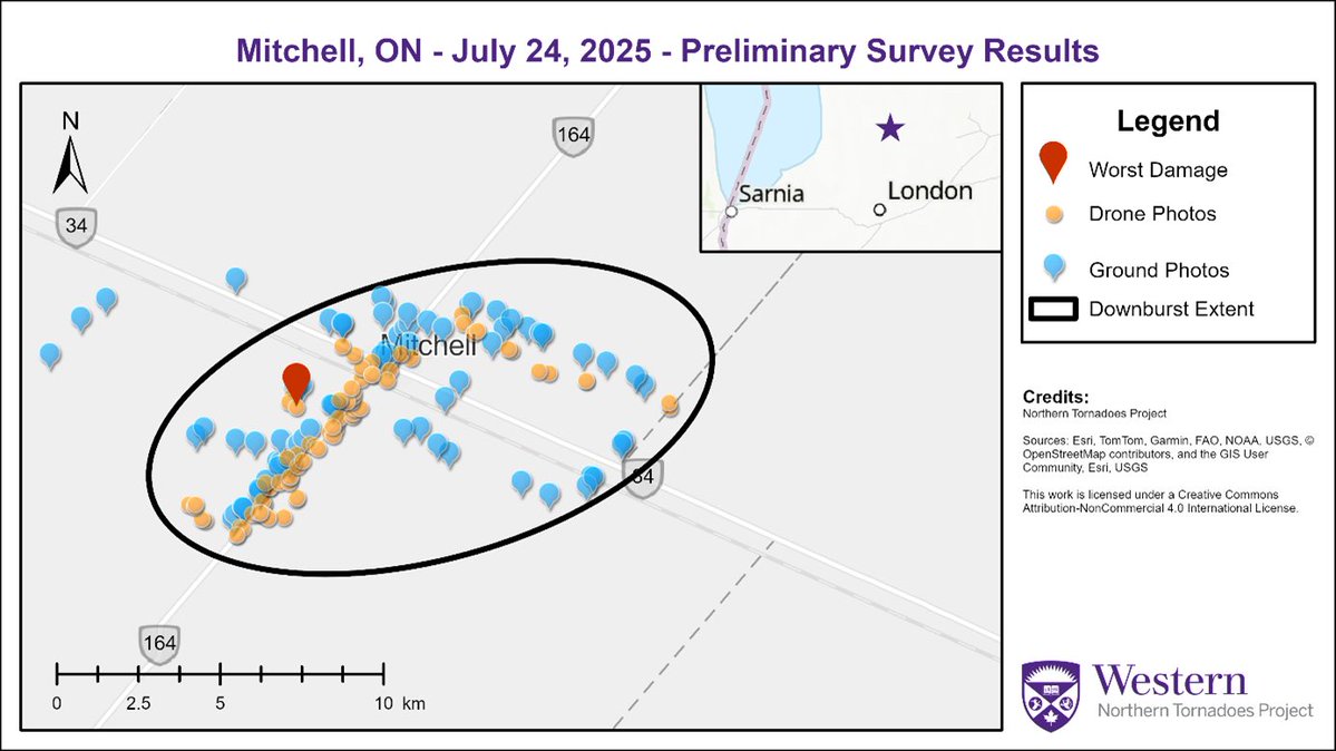 IWeatherON's tweet image. #ONStorm #ONwx 💨 EF1 DOWNBURST CONFIRMED

The Northern Tornadoes Project (NTP) has confirmed that a downburst, not a tornado, was responsible for the storm damage in Mitchell, Ontario last Thursday (July 24th).

Following a detailed ground and drone survey, NTP found evidence of…