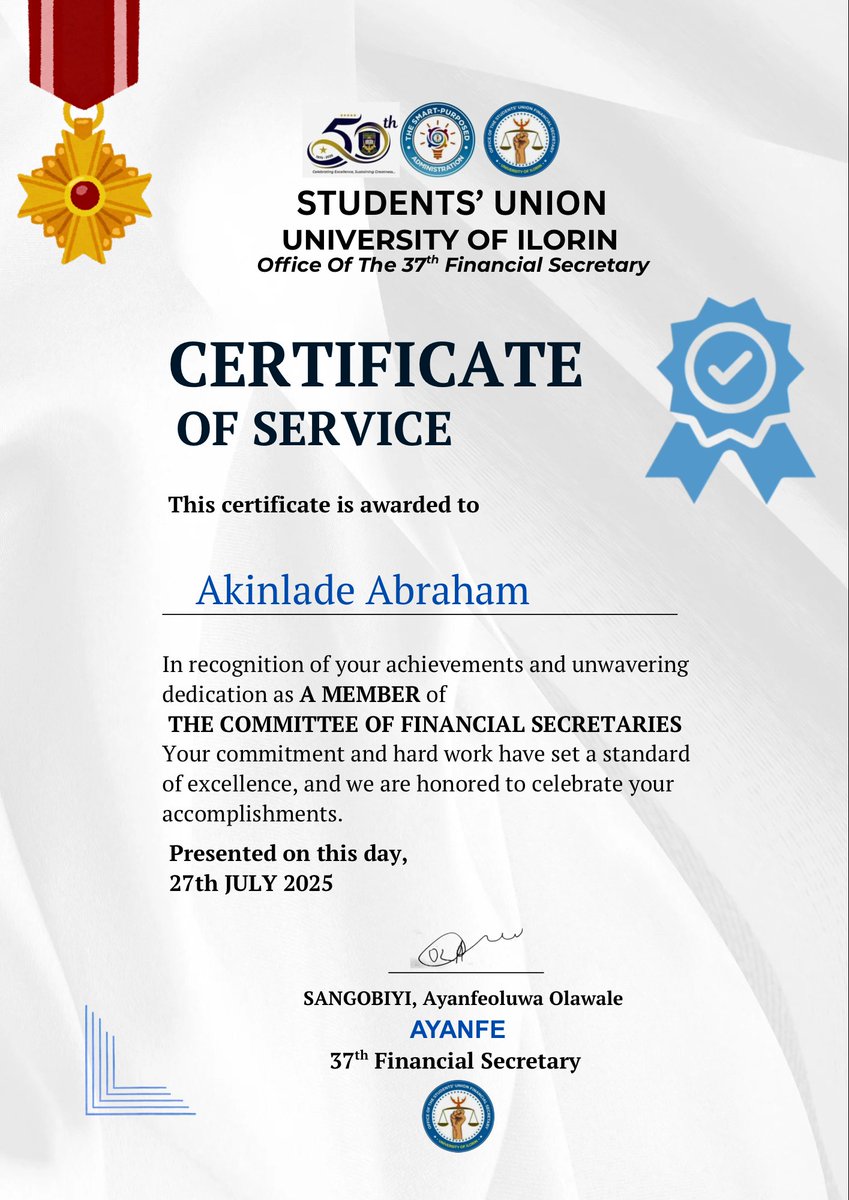 Fada Abraham (@akinladeabraha1) on Twitter photo I am honored and pleased to receive my Certificate of Service for working alongside the 37th Financial Secretary of the Students' Union. I appreciate <a href="/AYANFE01_/">Ayanfe of Unilorin</a> and <a href="/UilStudentUnion/">Unilorin SU</a> for the recognition of my contribution. It was a wonderful experience of growth and learning. I am honored and pleased to receive my Certificate of Service for working alongside the 37th Financial Secretary of the Students' Union. I appreciate <a href="/AYANFE01_/">Ayanfe of Unilorin</a> and <a href="/UilStudentUnion/">Unilorin SU</a> for the recognition of my contribution. It was a wonderful experience of growth and learning.