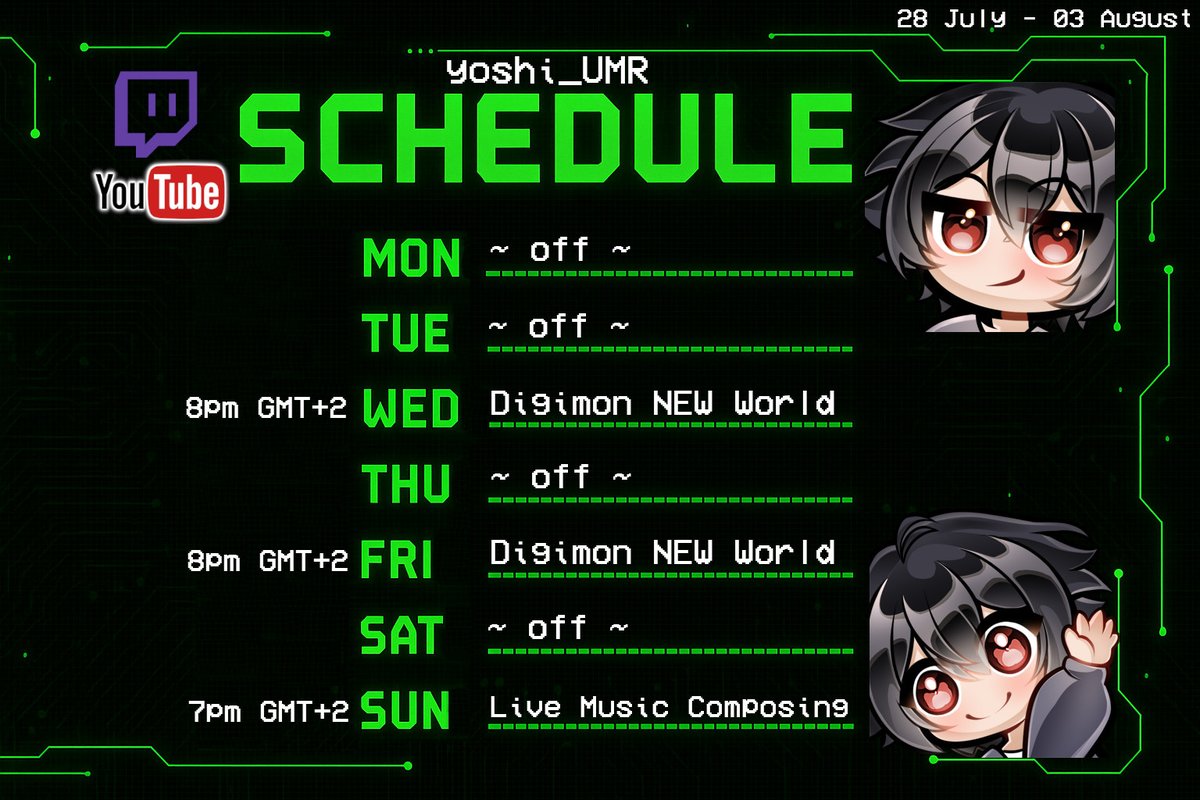 yoshi_UMR's tweet image. next week&apos;s schedule!
I still couldn&apos;t decide what our next Digimon project is going to be so we will have 2 Digimon NEW World strims + next Sunday we&apos;ll go back to live composing 🥳
looking forward to it!