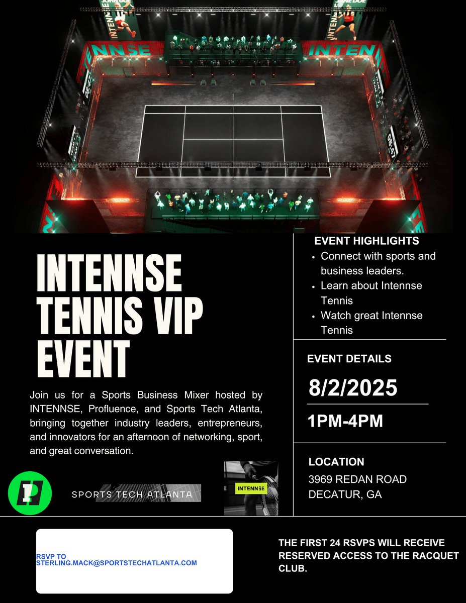Stemack's tweet image. 🚨Join Us for an Exclusive Sports Business Mixer at the INTENNSE™ Arena
We’re teaming up with Profluence and Sports Business Atlanta to host a Sports Business Mixer on Saturday, August 2 and you're invited.
🗓Saturday, August 2
📍INTENNSE Arena – 3963 Redan Rd, Decatur, GA