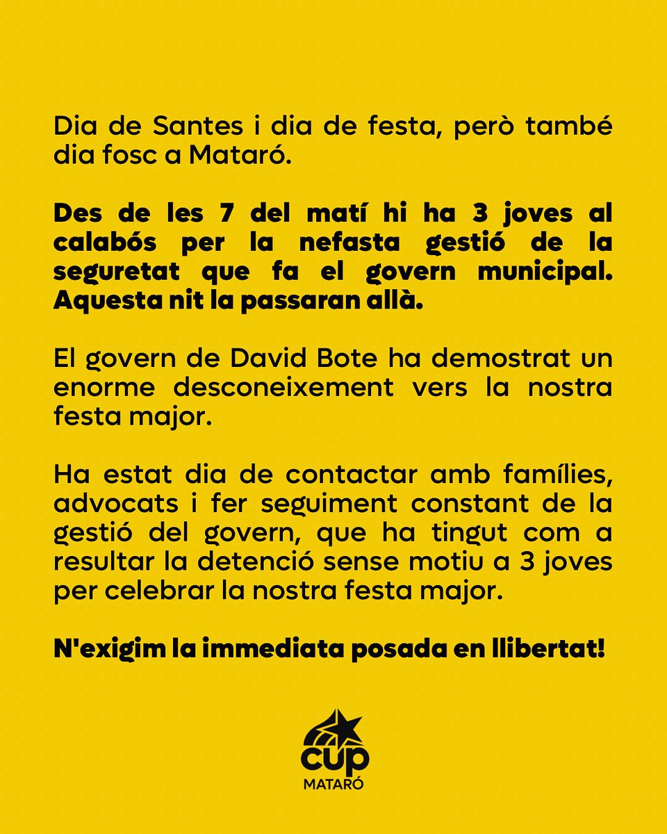 <a href="/matarocat/">Ajuntament de Mataró</a> persegueix el jovent de la ciutat amb una presència d'antiavalots desproporcionada i fora de lloc.

L'últim i més greu exemple i ha estat a pocs minuts de Matinades.

Llibertat de totes les detingudes i canvi d'actitud i estratègia contundents per part del govern.