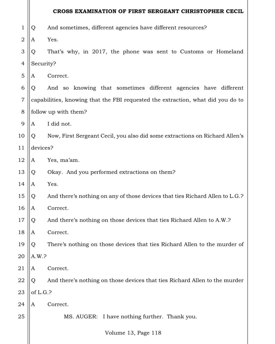alleyesondelphi's tweet image. Q: And in 2019, the FBI requested the full file extraction from the State Police?
A: Yes.
Q: And you asked your - you asked Lieutenant Holeman if you could provide the data to the FBI?
A: Yes.
Q: …what did you do to follow up with them?
A: I did not.
Why am I not surprised.