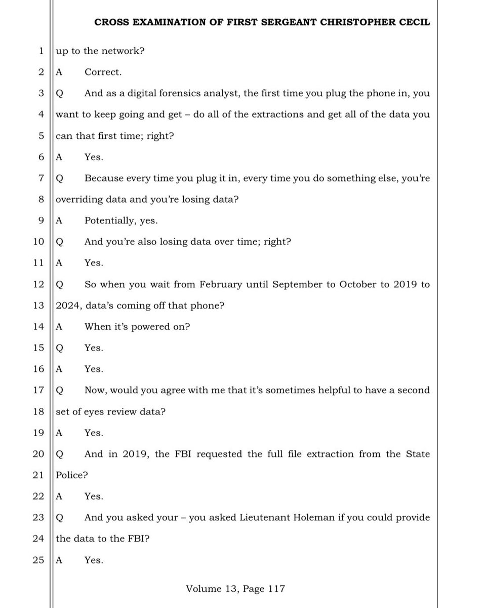 alleyesondelphi's tweet image. Q: And in 2019, the FBI requested the full file extraction from the State Police?
A: Yes.
Q: And you asked your - you asked Lieutenant Holeman if you could provide the data to the FBI?
A: Yes.
Q: …what did you do to follow up with them?
A: I did not.
Why am I not surprised.