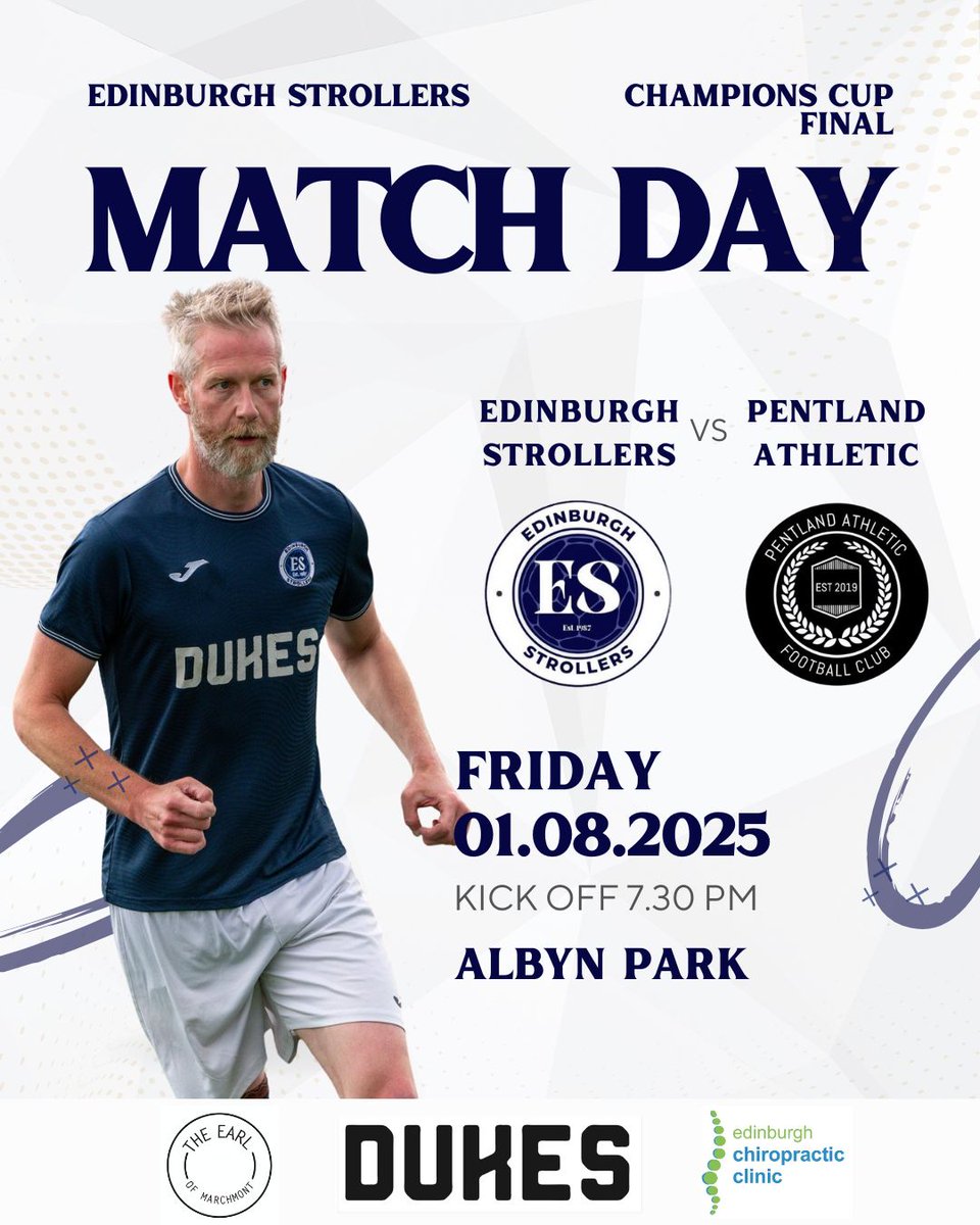 Edinburgh Strollers (@edinstrollersfc) on Twitter photo MATCHDAY
🆚 <a href="/PentlandAFC/">Pentland Athletic FC</a>
🏆 <a href="/LeafaOfficial/">Official_LEAFA</a> Champions Cup Final
⏰ 7:30pm KO
📍 Albyn Park, Broxburn
<a href="/scottish_aff/">AmateurFixturesResultsSCO</a> <a href="/L1veAtTheAmmys/">Live At The Ammys</a> <a href="/ScotAmFA/">Scottish Amateur FA</a>
Sponsors:
Dukes
The Earl of Marchmont
<a href="/ChiroEdinburgh/">EdinburghChiro</a>
🔵⚪️🔵⚪️ MATCHDAY
🆚 <a href="/PentlandAFC/">Pentland Athletic FC</a>
🏆 <a href="/LeafaOfficial/">Official_LEAFA</a> Champions Cup Final
⏰ 7:30pm KO
📍 Albyn Park, Broxburn
<a href="/scottish_aff/">AmateurFixturesResultsSCO</a> <a href="/L1veAtTheAmmys/">Live At The Ammys</a> <a href="/ScotAmFA/">Scottish Amateur FA</a>
Sponsors:
Dukes
The Earl of Marchmont
<a href="/ChiroEdinburgh/">EdinburghChiro</a>
🔵⚪️🔵⚪️