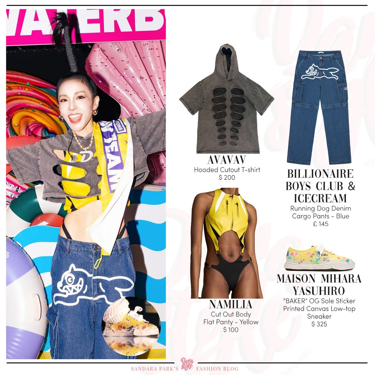 DaraStyle_'s tweet image. [SNS Update] 250726 - #DARA IG Post, wearing:

#AVAVAV Hooded Cutout T-shirt
#NAMILIA Cut Out Body - Flat Panty - Yellow
#BBCICECREAM Running Dog Denim Cargo Pants - Blue
#MAISONMIHARAYASUHIRO &quot;BAKER&quot; OG Sole Sticker Printed Canvas Low-top Sneaker
-
#SandaraPark #산다라박 #다라