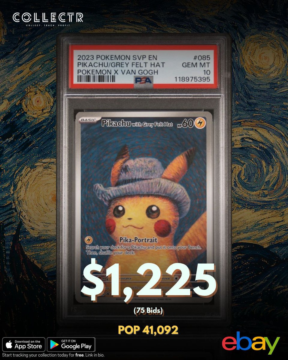 getcollectrapp's tweet image. A #PSA 10 #Pikachu with Grey Felt Hat from the #VanGogh Art Collaboration promo set just sold in auction on #eBay for $1,225.
This iconic card is a POP 41,092 in PSA 10 and has been steadily climbing in value, a testament to its unique appeal.
#pokemontcg #collectibles…