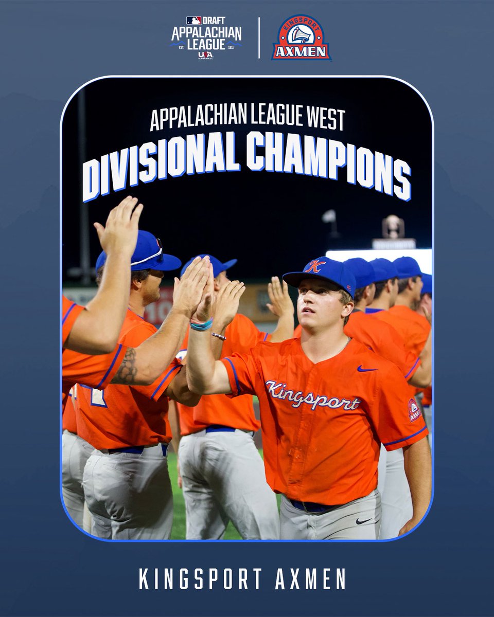 AppyLeague's tweet photo. CHAMPIONS OF THE WEST! 🥇

The @KingsportAxmen have won the #AppyLeague West Division title and are set to host Greeneville in the Appalachian League West Championship Game on July 31. https://t.co/SkMblRYFns