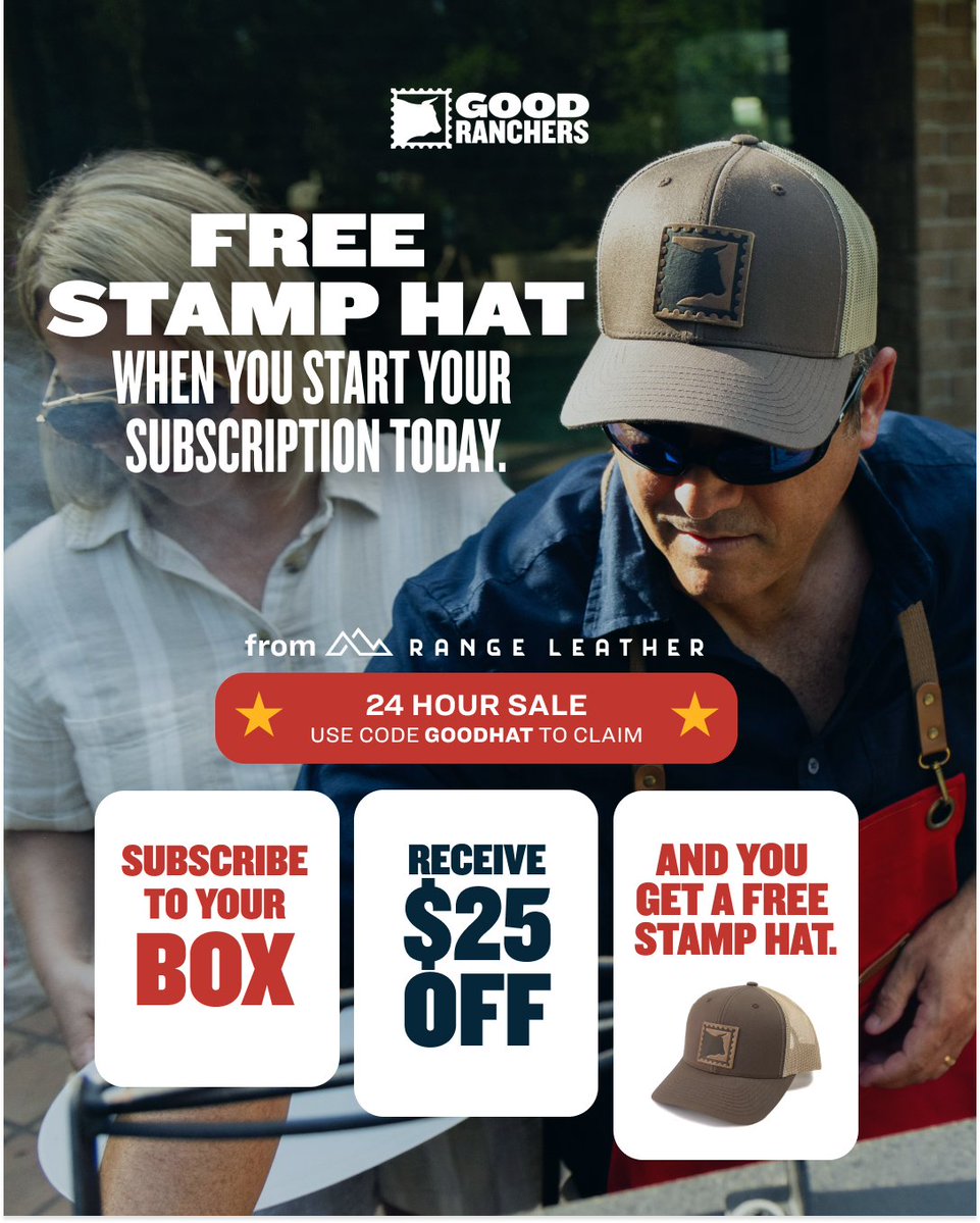 GoodRanchers's tweet image. Is your freezer empty? Is your head cold? We can help with that.
For just 24 HOURS, start a new subscription with code GOODHAT and you’ll get $25 off plus a free hat from our friends over at @rangeleather. Shop here: goodranchers.com
