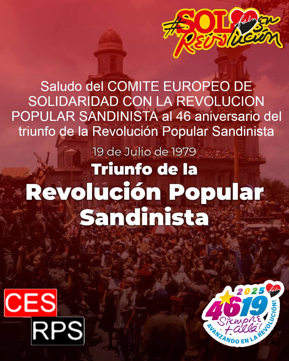 Saludo COMITE EUROPEO SOLIDARIDAD CON #REVOLUCIONPOPULARSANDINISTA  al 46/19 triunfo #RevoluciónSandinista #SiemprealFrente. ces-rps.com/.../saludo-al-… <a href="/DefensemCuba/">Defensem Cuba 🇨🇺 ✊</a> <a href="/aran_tirado/">Arantxa Tirado</a> <a href="/RDcomunicadores/">RDcomunicadores</a> <a href="/db_nicaragua/">BARRICADA - Nicaragua</a> <a href="/AnibalGarzon/">Aníbal Garzón 🌎</a> <a href="/RevDgsandinista/">Revolución Digital Sandinista 🔴 ⚫️ 🇳🇮</a> <a href="/sandinistak/">𝚂𝚊𝚗𝚍𝚒𝚗𝚒𝚜𝚝𝚊𝚔 ❤️🖤</a> <a href="/AdelanteSiempr_/">Adelante Siempre</a> <a href="/Plomo19792/">PLOMO1979</a>