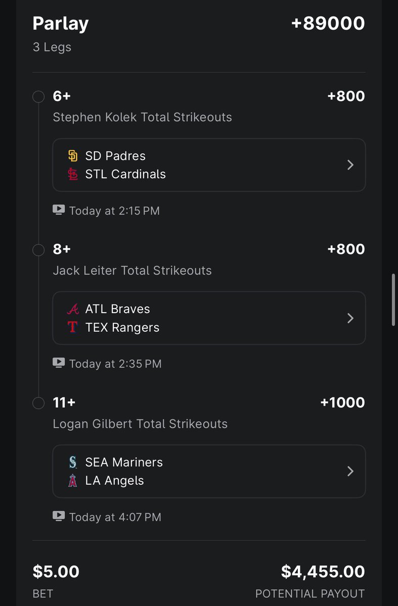 PlusEVKing's tweet image. ESPN Bet Strikeouts Lay ⚾️💨
$5 to win 4.4k 🤑
Builds to…
+53000 on DraftKings
+43000 on Fanduel