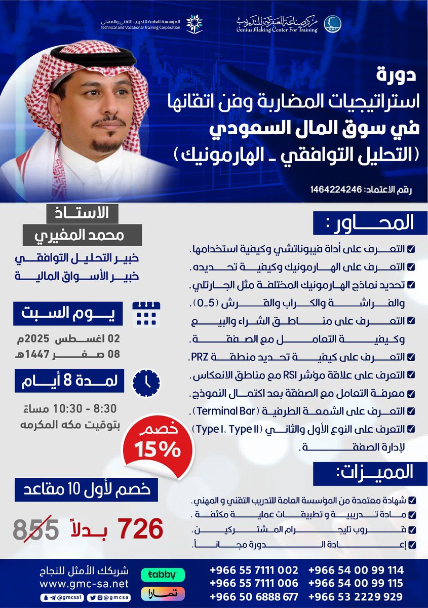 gmcsa's tweet image. 🎯 دورة: استراتيجيات المضاربة وفن إتقانها في سوق المال السعودي
(التحليل التوافقي - الهارمونيك)
مع الأستاذ محمد المغيري 

🗓️ السبت 2 أغسطس 2025

🔹 محاور احترافية في:
•أدوات فيبوناتشي والهارمونيك
•نماذج الشموع والتحليل السعري
•مناطق الانعكاس والمؤشرات الفنية
•استراتيجيات دخول…
