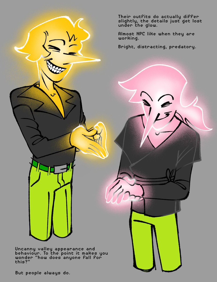 scarily_lacking's tweet image. Played around some more with the Addisons :) I really like the idea of making them more ‘ad-like’ and sorta predatory, much like irl ads are. They glow like neon signs.
#deltarune #addisons