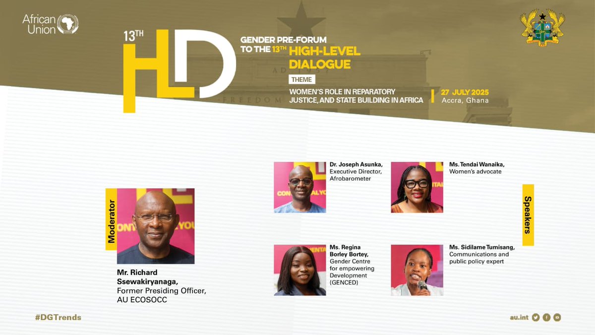 AUC_PAPS's tweet image. ♀️Gender pre-event #DGTrends
SESSION1: Realizing the Maputo Protocol for Women Empowerment
Moderator: Mr Richard Ssewakiryanaga
Speakers:
•Dr Joseph Asunka,@afrobarometer
•Ms Tendai Wanaika
•Ms Regina Borley Bortey,@GenCEDgh
•Ms Sidilame Tumisang
@_AfricanUnion @AGA_Platform
