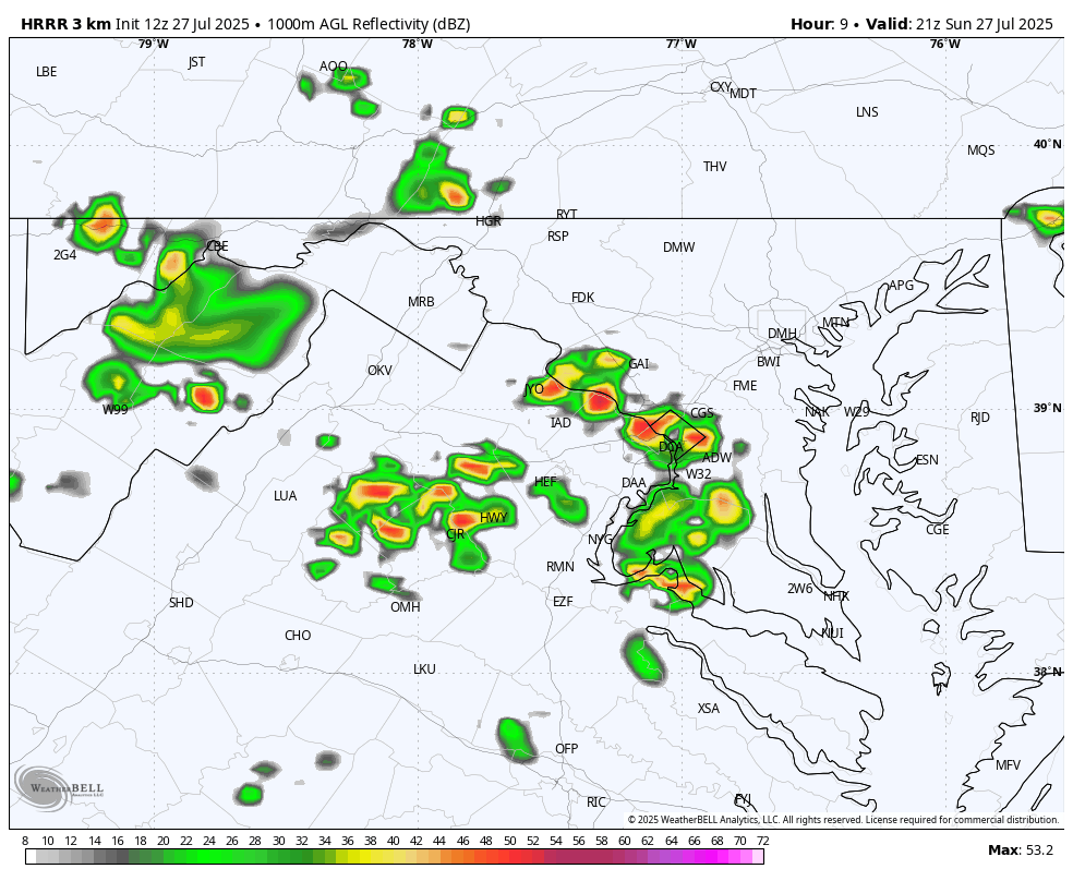 🌩️ Another round of storms likely today — most between 3–8 p.m., moving NW to SE.
⚠️ Marginal risk for damaging winds, torrential rain &amp; isolated hail.
Storms may be more widespread than last couple days
More: cwg.live
Pictured: Forecast radar at 5p