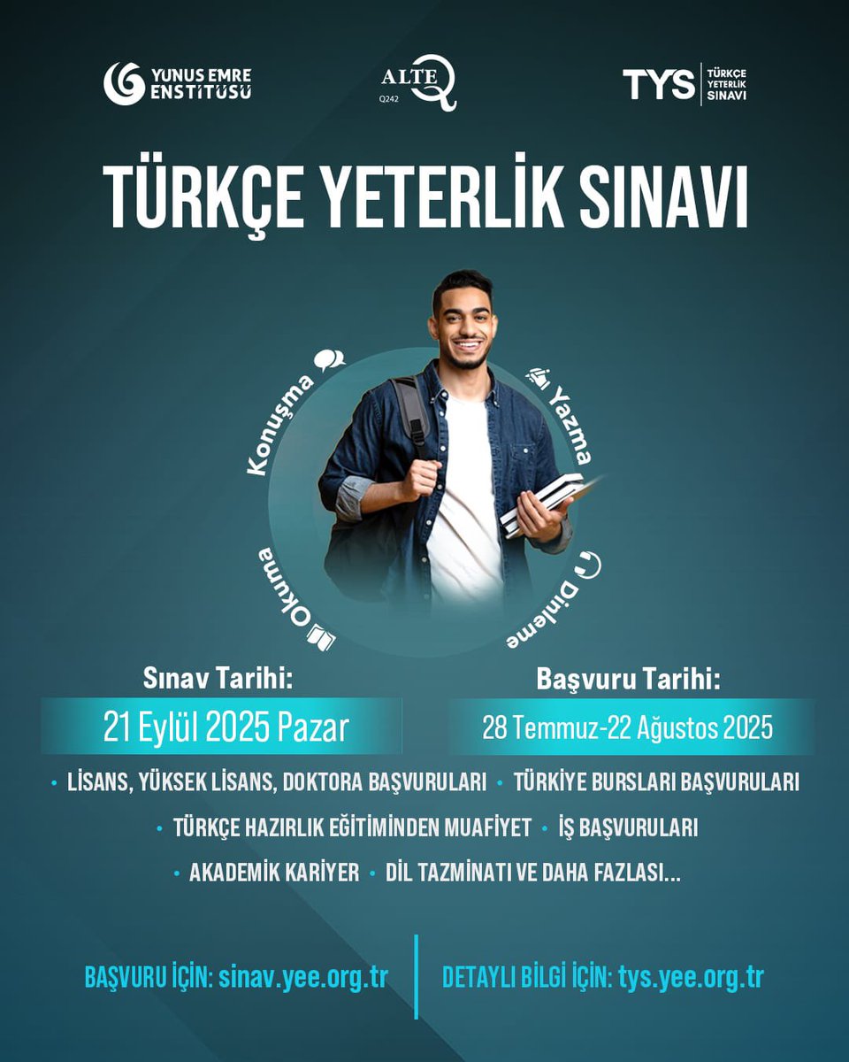 Türkçenin ALTE onayını alan uluslararası geçerliğe sahip ilk dil sınavı #TürkçeYeterlikSınavı (TYS) başvuruları başladı!  
Sınav Tarihi: 21 Eylül 2025
Başvuru Tarihleri: 28 Temmuz-22 Ağustos 2025 
Başvuru İçin: sinav.yee.org.tr
Ayrıntılı Bilgi İçin: tys.yee.org.tr