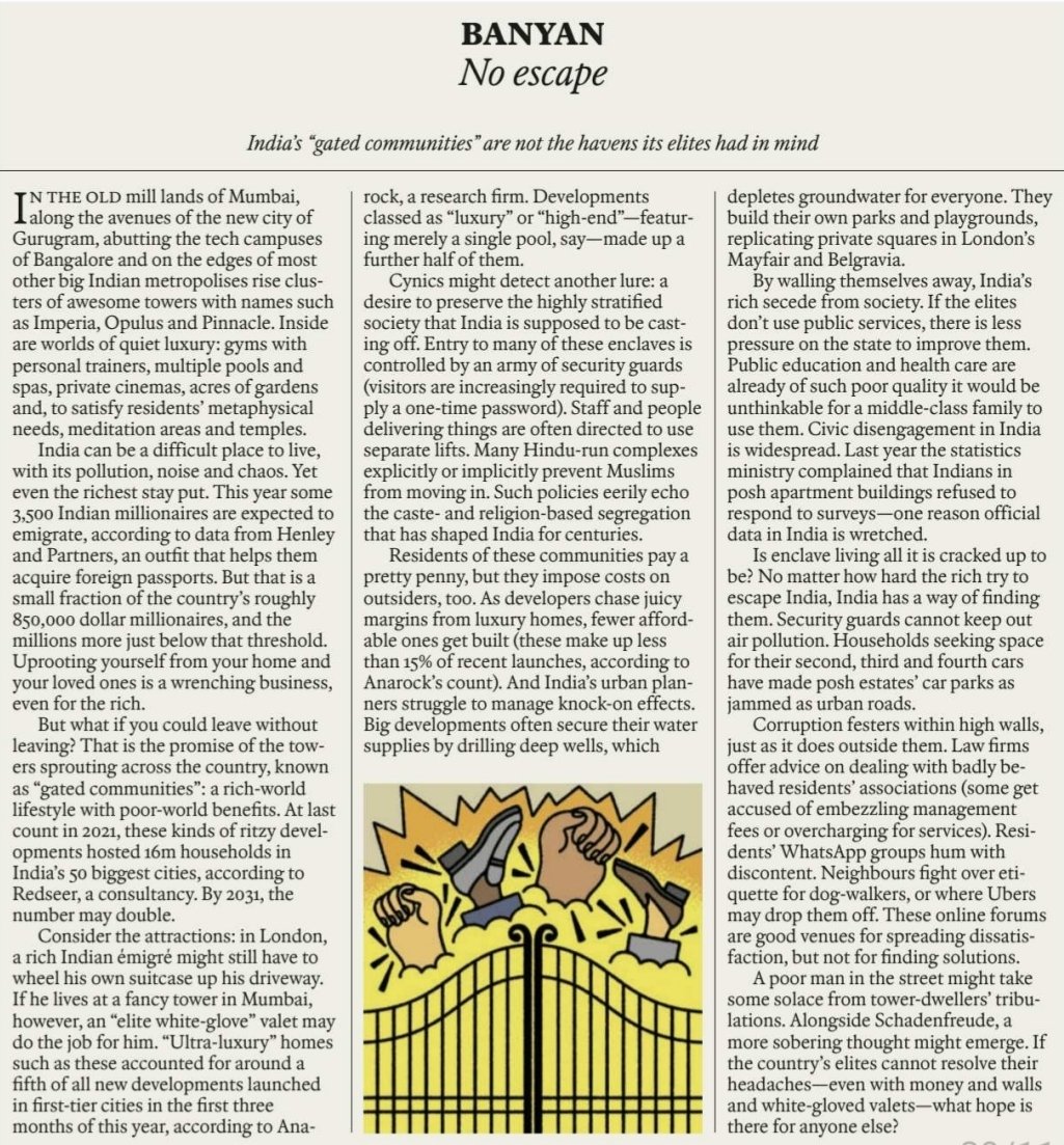 Hard_Rock_Z's tweet photo. Every week I read through international magazines and articles on India, trying to understand the World View on India. This week I came across this article from The Economist on Indias Gated communities and this made me thinking (1/3) https://t.co/fUvv1MjPKv
