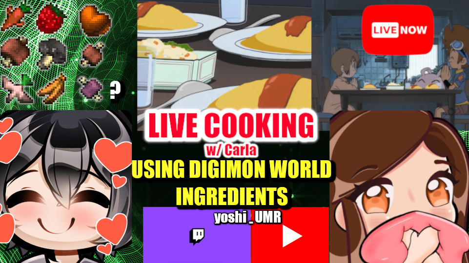 yoshi_UMR's tweet image. We&apos;re live cooking! Making something using Digimon World ingredients. 
Come hang on either
Twitch twitch.tv/yoshi_umr
or
YouTube youtube.com/live/xJxDjOWfH…