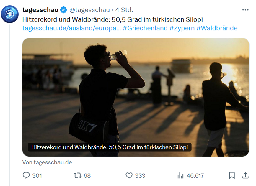 So läuft der Klimawandel-Spin der Tagesschau: Man zeigt ein Bild von Menschen am Wasser und berichtet dazu von 50,5 °C. Wer kann jetzt noch den Klimawandel leugnen? 

Tatsächlich liegt Silopi in einer kargen Wüstengegend tief im Landesinneren nur wenige Kilometer von den Grenzen