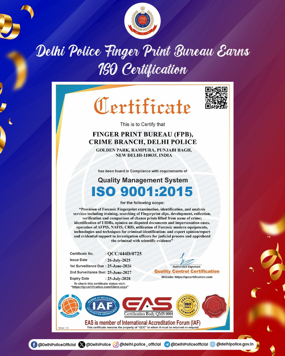 DelhiPolice's tweet image. Delhi Police Finger Print Bureau Receives ISO 9001:2015 Certification.
Recognized for its excellence in fingerprint analysis and crime linkage, the Finger Print Bureau, Crime Branch, has been awarded ISO certification, a testament to its precision, professionalism and role in…