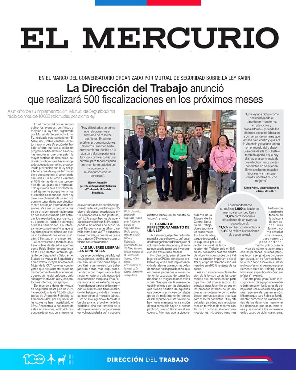 📚En el marco del conversatorio sobre los avances, conflictos y desafíos de la Ley Karin (Ley N° 21.643), organizado por la <a href="/mutualcchc/">Mutual de Seguridad</a> y <a href="/EmolTV/">EMOL TV</a> , el director del Trabajo, Pablo Zenteno, destacó que la Dirección del Trabajo realizará 500 fiscalizaciones en los próximos meses