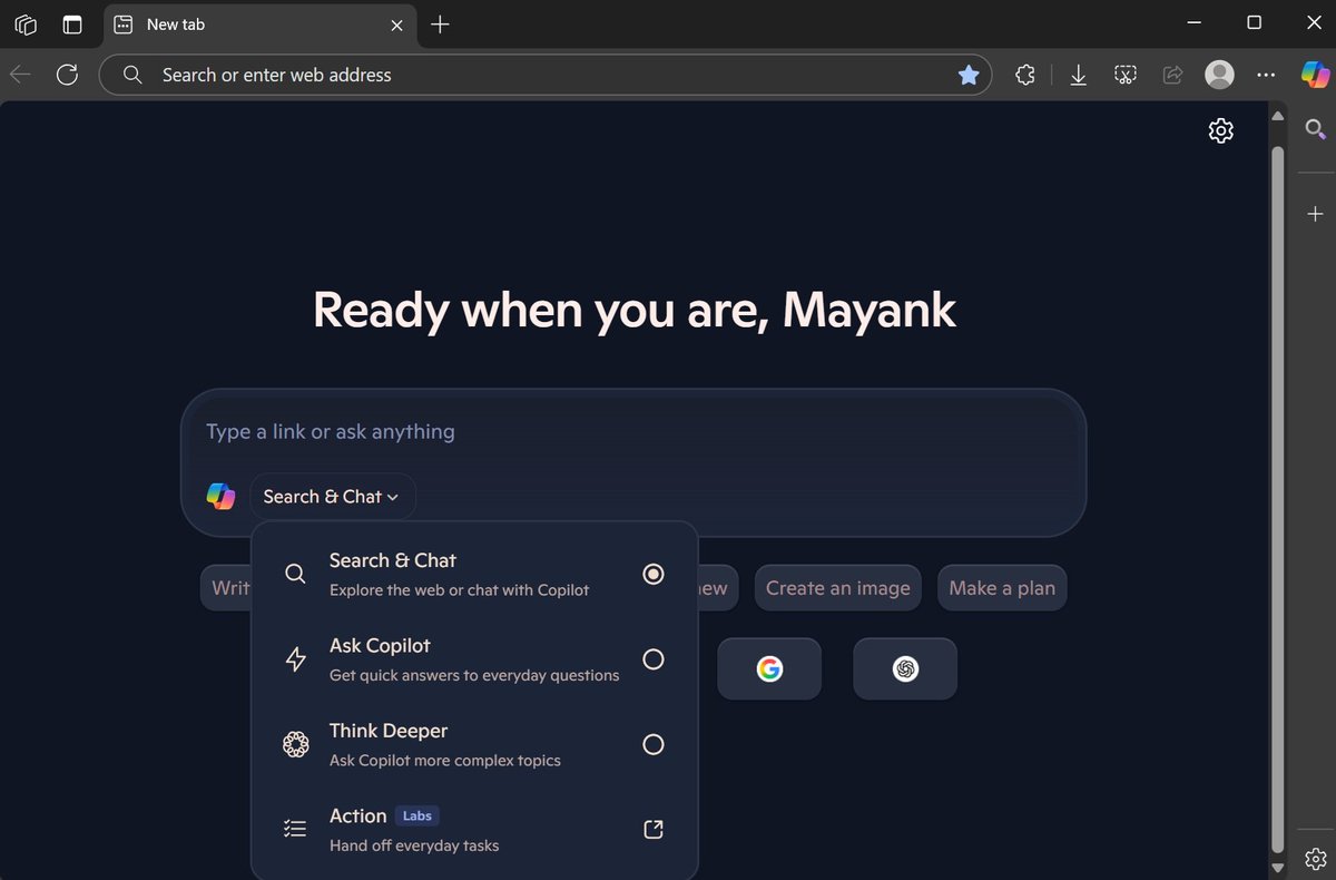 SoyITPro's tweet image. 📌 Microsoft lanzó la nueva interfaz “Copilot-first” en Edge para Windows 11   

🆕 Reemplaza la clásica página de nueva pestaña con un panel interactivo   
💬 Incluye accesos directos: “Pregúntale a Copilot”, “Buscar y chatear” y “Crear una imagen”   
🧭 La función “Acciones”…