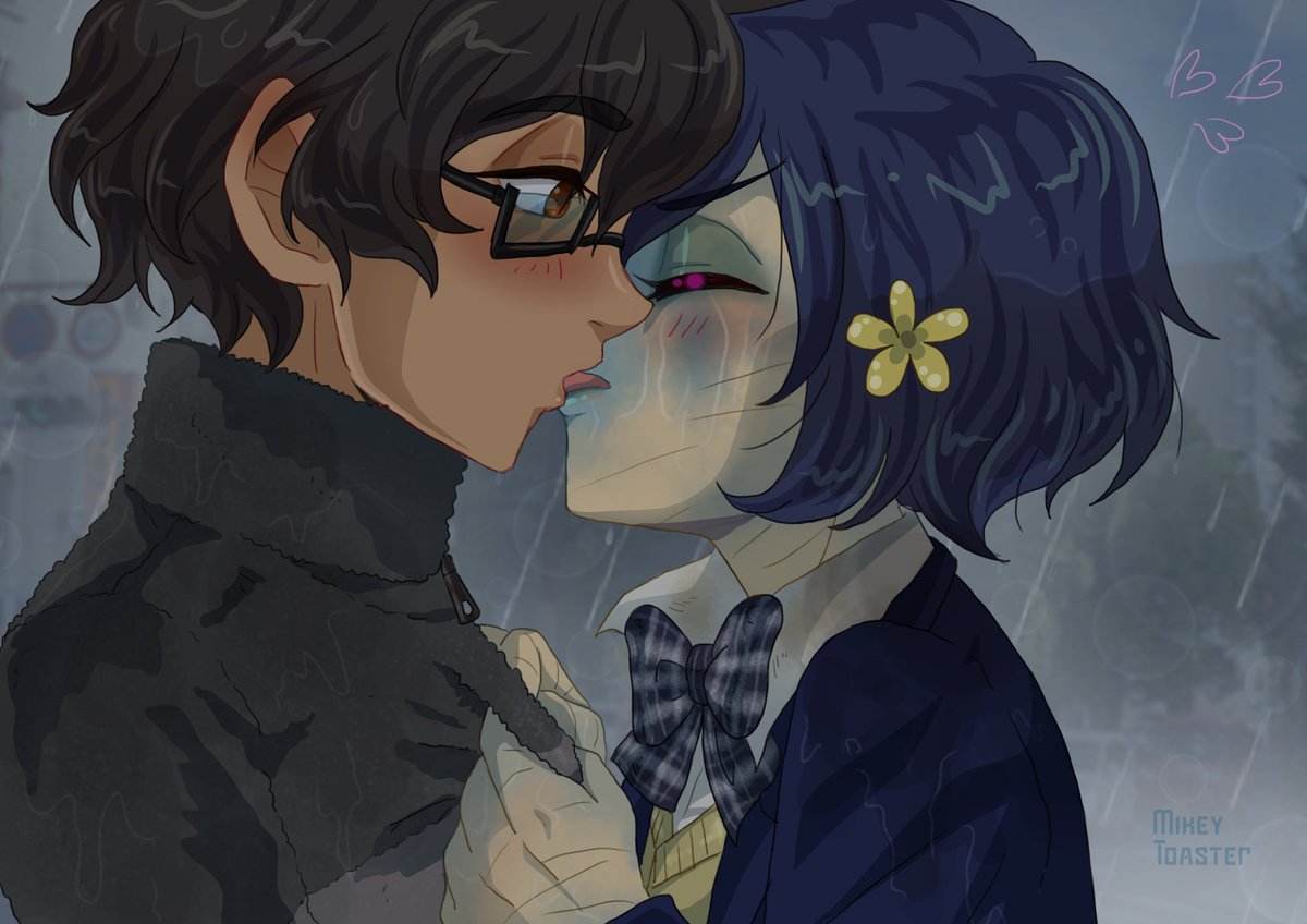 What timing! Thank you, thank you so much to <a href="/Cereal_Bunny/">✨Sasha✨🪽</a> for the art based with Ren-kun &amp; Ai-chan kissing in the rain! 雨の中でキスをするレンくん＆あいちゃんをモチーフにしたアートの依頼、ありがとうございました！あいちゃんもちょっと大胆に...。 #ゾンビランドサガ #水野愛  💙🖤😳🌧️