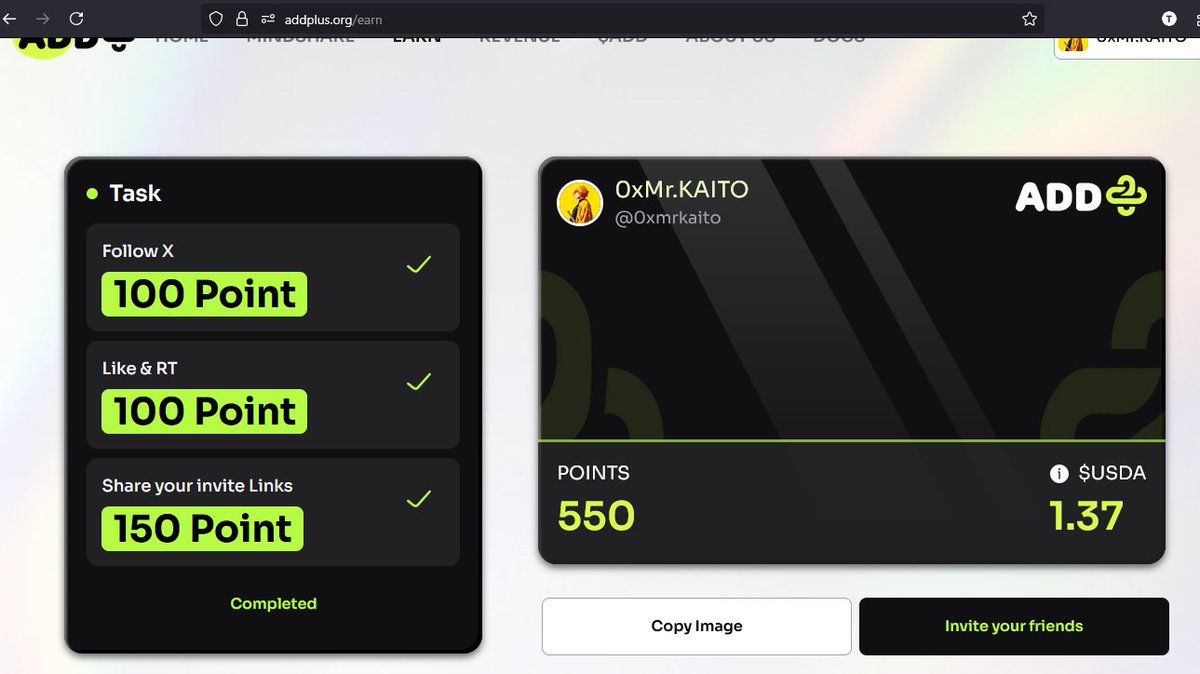 New alpha drop 👀
The more points you earn on <a href="/add_infofi/">ADD+</a>, the more $USDA you’ll claim 💸
✅ Just connect X
✅ Invite friends
✅ More tasks coming
It’s simple, free, and real.
Boost me here →addplus.org/boost/0xMrKaito 🚀