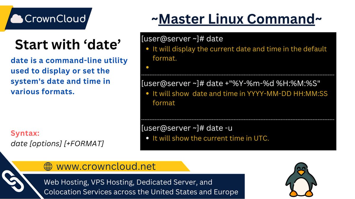 crownclouds's tweet image. Master Linux One Command at a Time
📆 Manage Time: date – Display or set the system’s current date and time.
Great for logs, scheduling, and keeping your server on track! ⏰🖥️
#LinuxCommands #date #SysAdmin #CommandLine #LinuxTips #OpenSource #TechGuide #MasterLinux