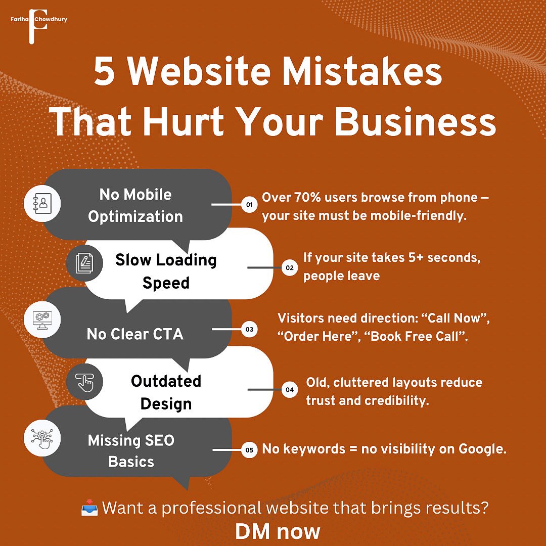 Farihachy121's tweet image. Your website should bring in business — not drive it away.
Fix these 5 common mistakes and start converting visitors into customers.

📥 DM me if your website needs a refresh that actually works.

#WebsiteTips #WebDesignMatters #FarihaMarketing #DigitalSuccess #SmallBusiness