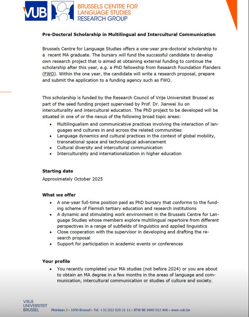 ObengCosmos's tweet image. Pre-Doctoral Scholarship in Multilingual and Intercultural Communication
Brussels Centre for Language Studies offers a one-year pre-doctoral scholarship to a recent MA graduate.