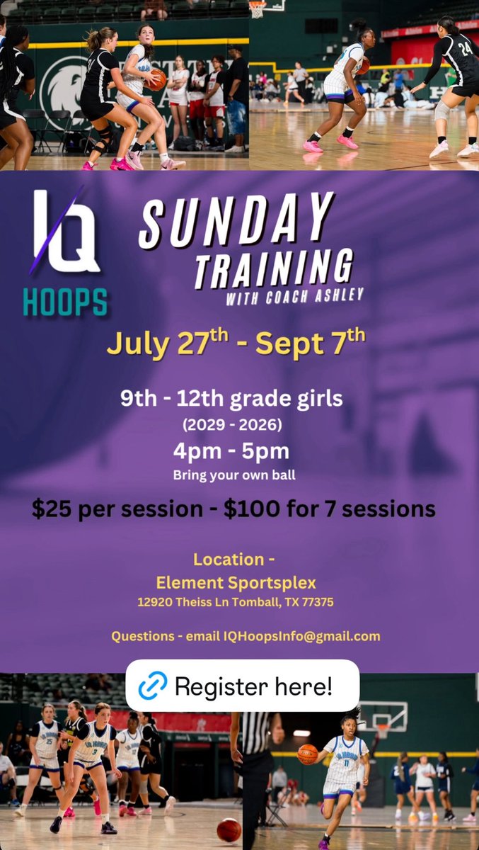 Sunday Group training starts today! 
Element Sportsplex - 4pm-5pm 
Girls only 2029 - 2025 

form.jotform.com/IQhoopsinfo/Su…