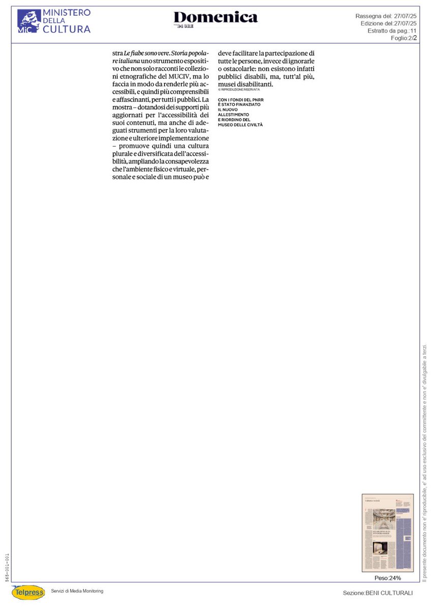 Le fiabe sono vere al <a href="/museocivilta/">MUCIV-Museo delle Civiltà</a> è una mostra-manifesto per una nuova idea di museo: inclusivo, accessibile, capace di parlare a tutti.
Oggi su Il Sole 24 Ore le mie riflessioni su come rendere il patrimonio culturale un’opportunità da vivere davvero.
#arte #cultura