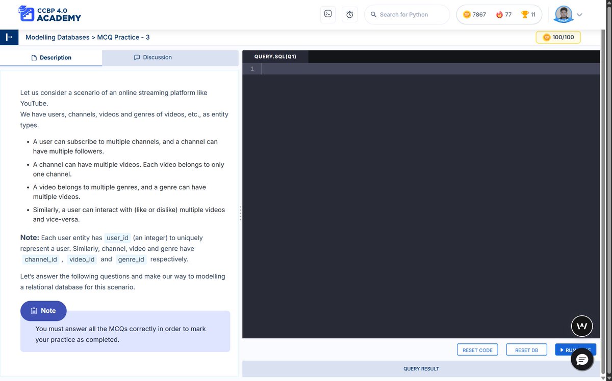 shaswatswain53's tweet image. Day 34 of #100DaysOfCoding at NxtWave CCBP 4.0
Did some hands-on coding practice on Databases today, focusing on converting ER models into database tables. All tests passed successfully! Learning by doing is truly effective. 💻📊 #DatabaseDesign #ERModel #NxtWave #CodingJourney